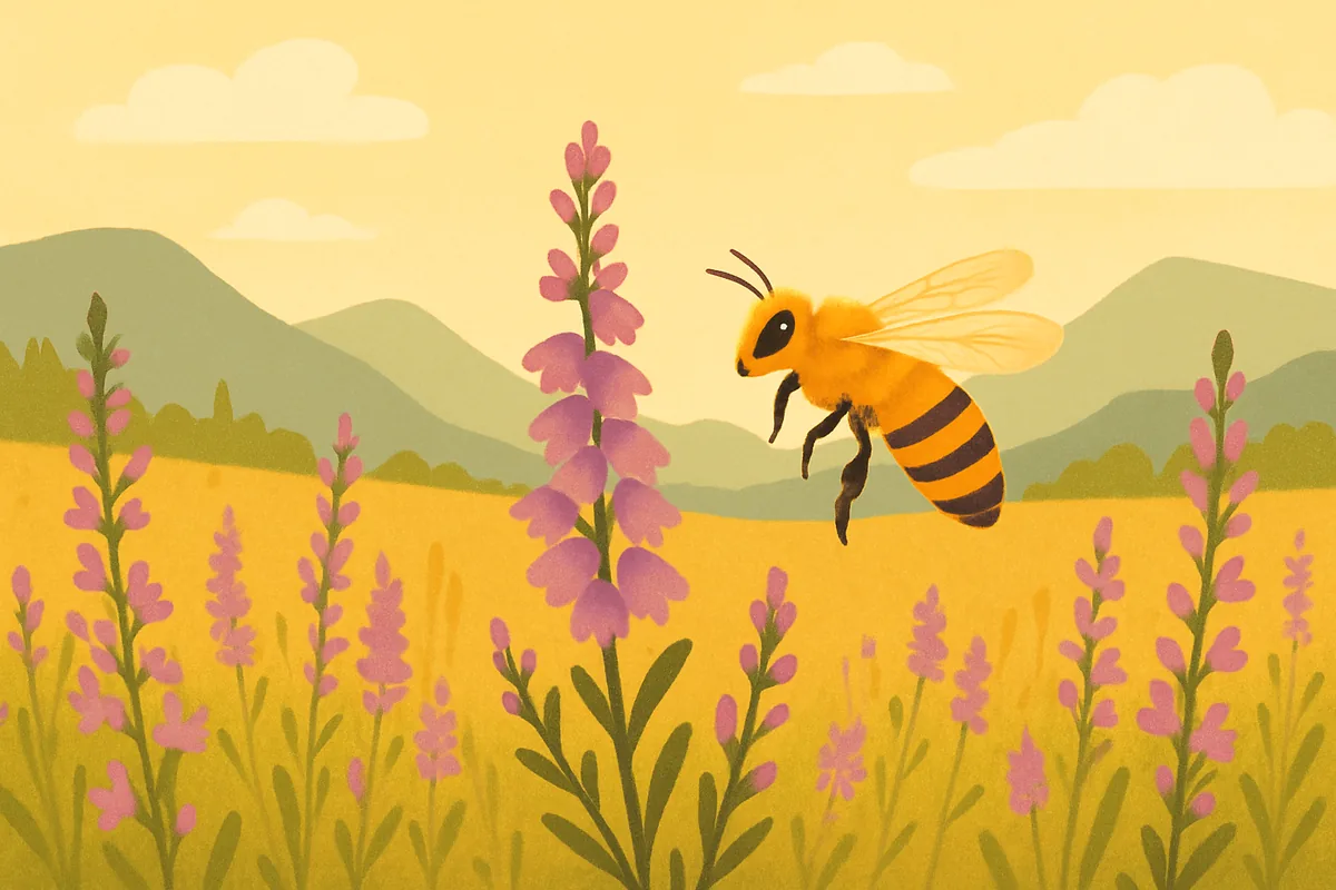 Illustrasjon av en honningbie som flyr mot lilla blomster i en sommereng med åser i bakgrunnen