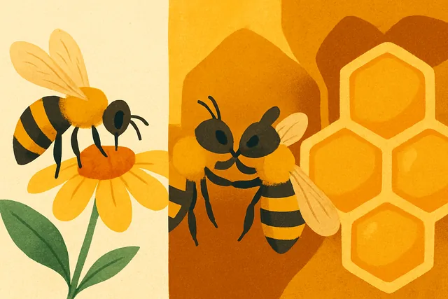 Illustrasjon i tre deler: en bie henter nektar på en blomst, to bier overfører nektar munn til munn, og forseglede honningceller