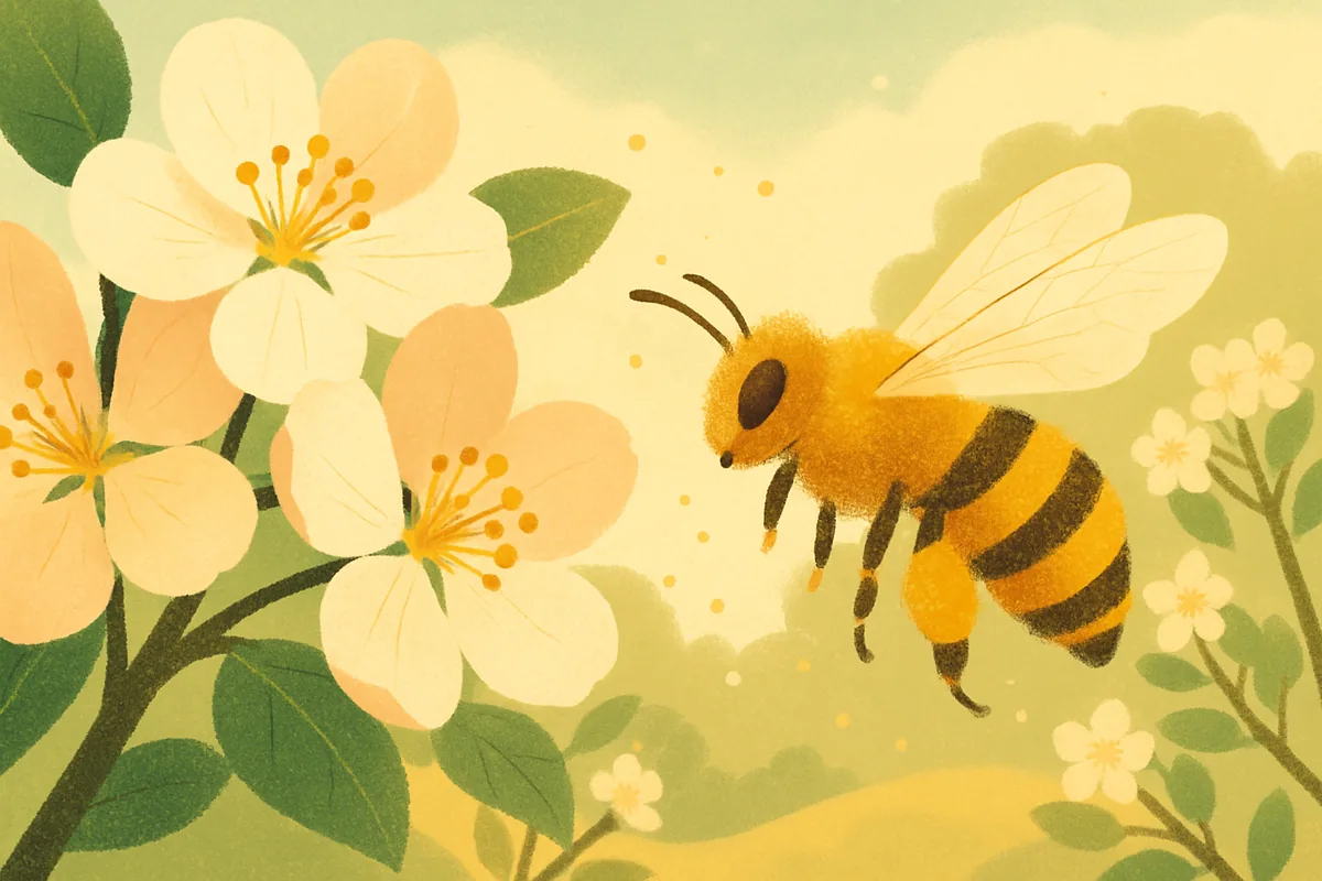 En honningbie flyr mot hvite og rosa epleblomster, omgitt av små pollenkorn i luften